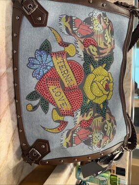 Ed Hardy Denim Shoulder Bag with Multicolor Embellished Tattoo Motif